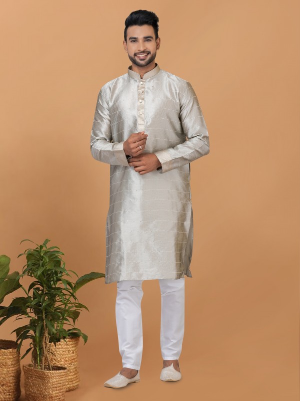 Silk Readymade Kurta set in Grey with Embroidery Work