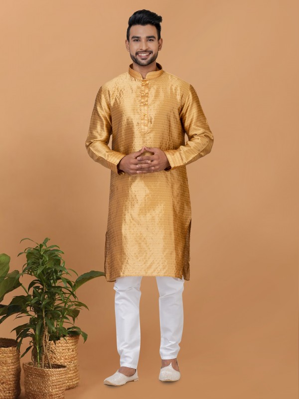 Silk Readymade Kurta set in Golden with Embroidery Work