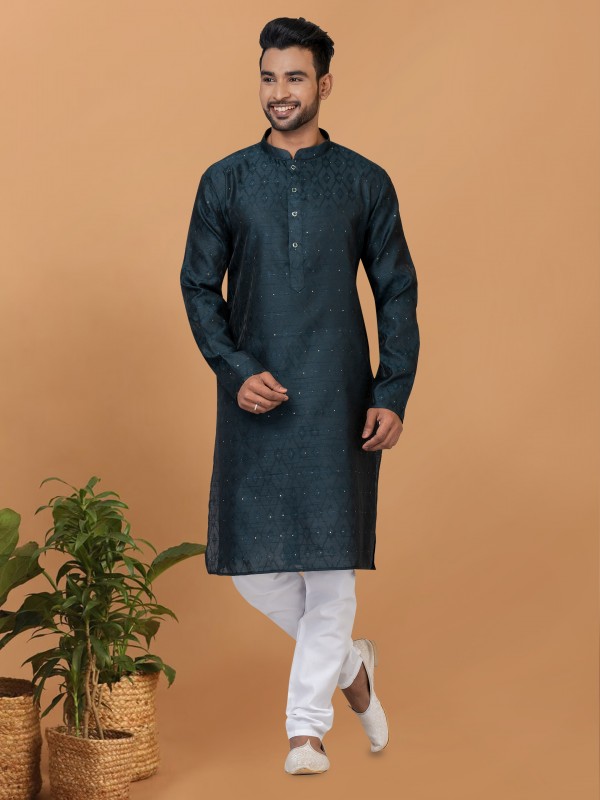 Silk Readymade Kurta set in Teal Green with Embroidery Work