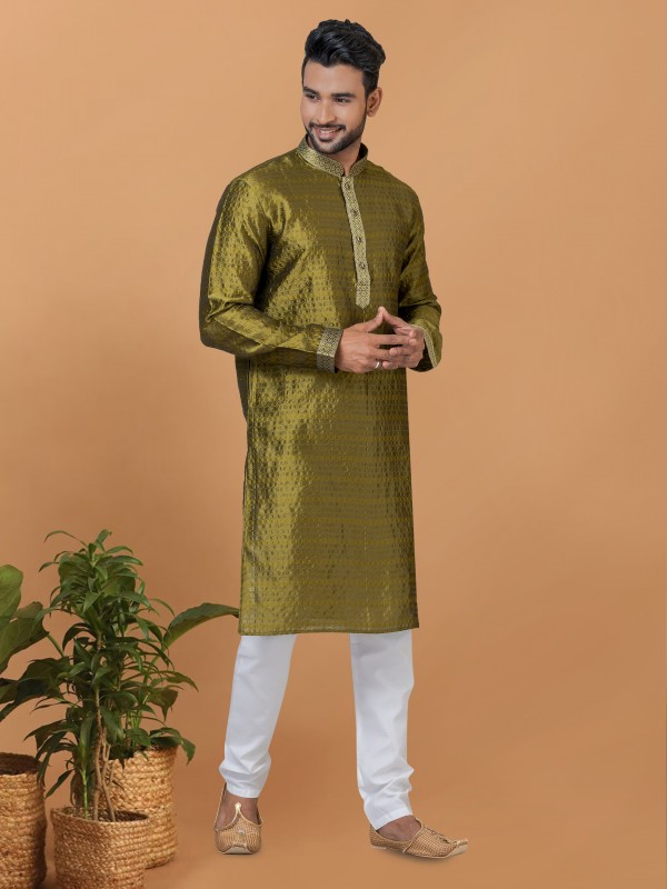 Silk Readymade Kurta set in Mehndi Green with Embroidery Work