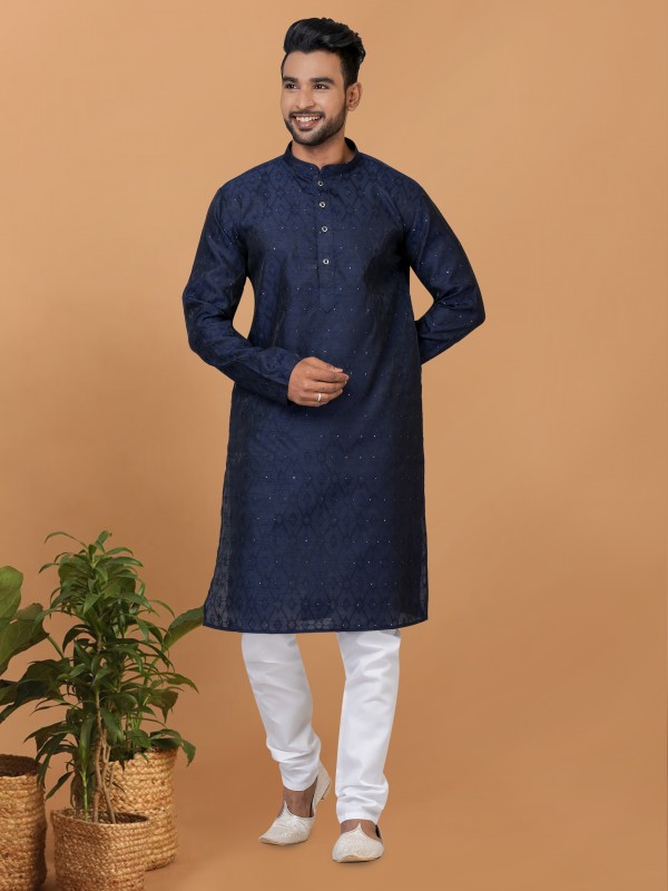 Silk Readymade Kurta set in Navy Blue with Embroidery Work