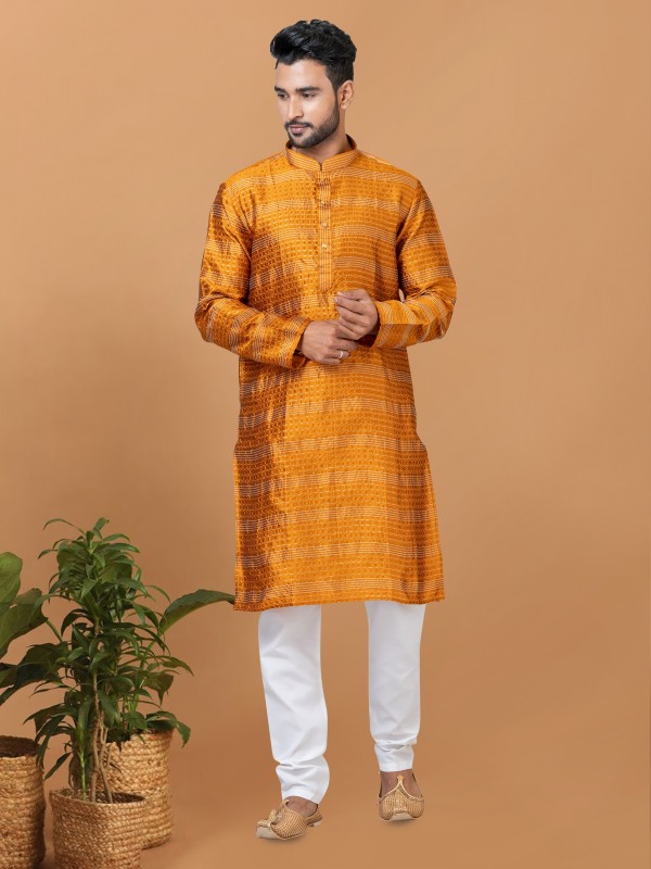 Silk Readymade Kurta set in Mustard with Embroidery Work