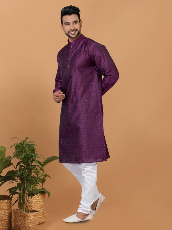 Silk Readymade Kurta set in Purple with Embroidery Work