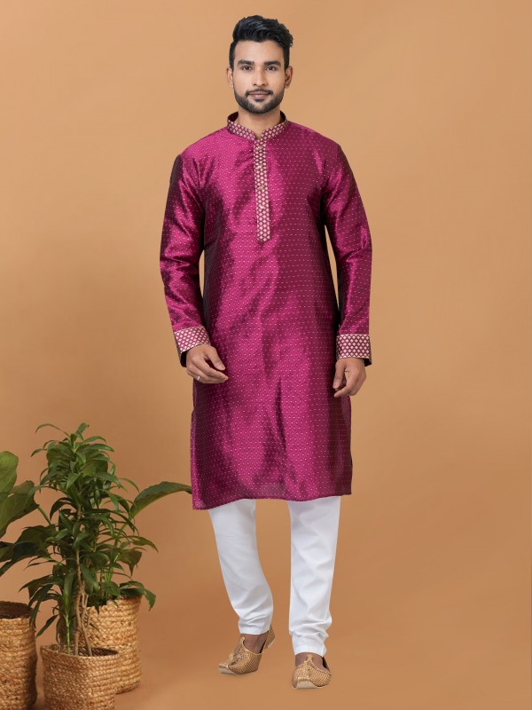 Silk Readymade Kurta set in Magenta with Embroidery Work