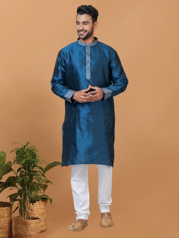 Silk Readymade Kurta set in Teal with Embroidery Work