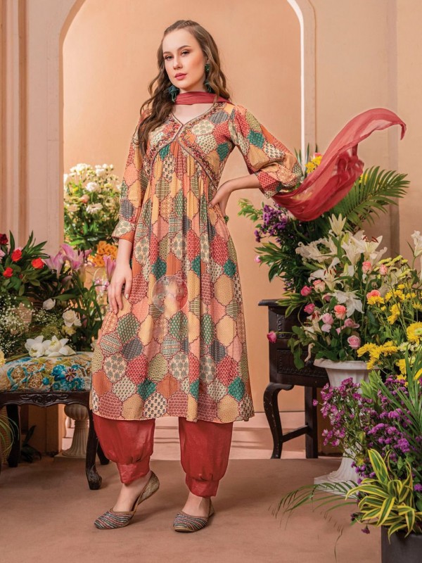 Pure Natural Crepe Party Wear Suit In Peach Color with Handwork 