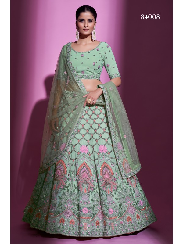 Georgette  Party Wear Lehenga In Green With Embroidery Work