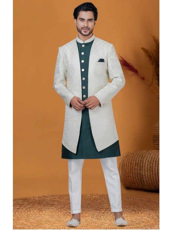 Jacquard IndoWestern Ready Made Dress in Light Pista Color with Jacquard Work 