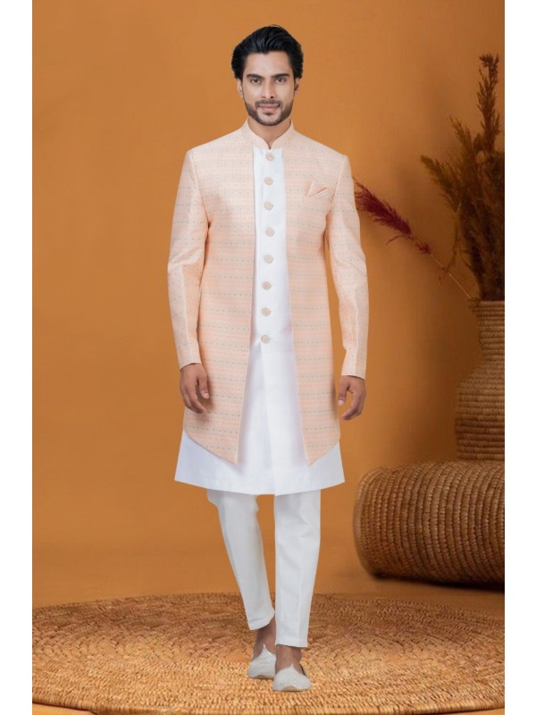 Jacquard IndoWestern Ready Made Dress in Peach Color with Jacquard Work 