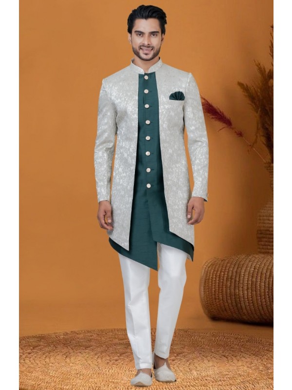 Jacquard IndoWestern Ready Made Dress in Light Pista Color with Jacquard Work 