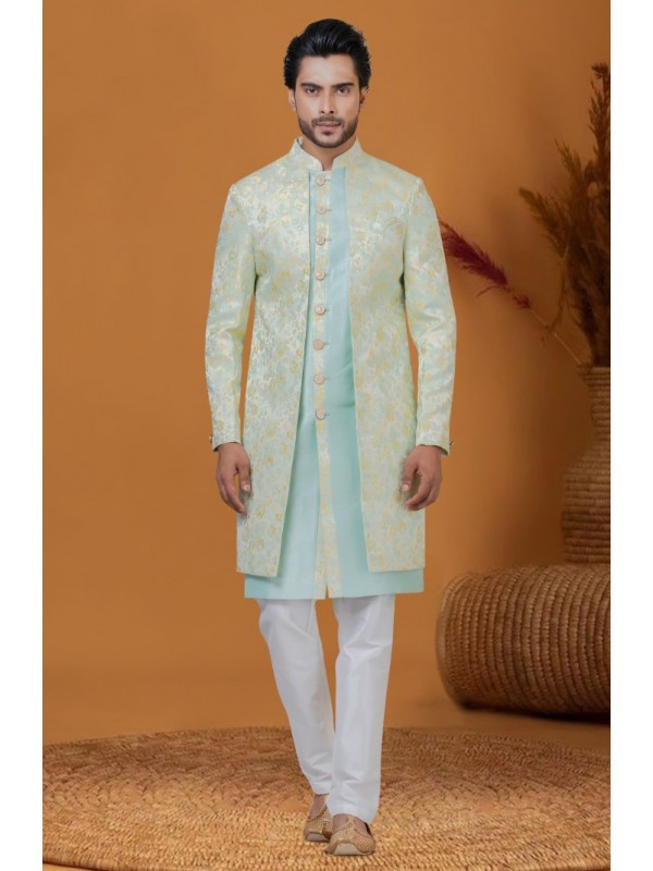 Jacquard IndoWestern Ready Made Dress in Neon Sky Blue Color with Jacquard Work 