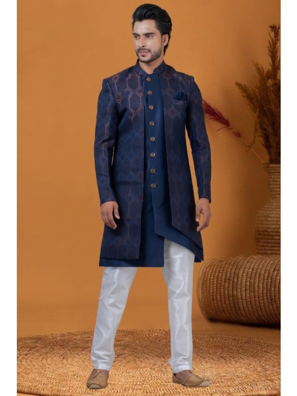 Jacquard IndoWestern Ready Made Dress in Blue Color with Jacquard Work 
