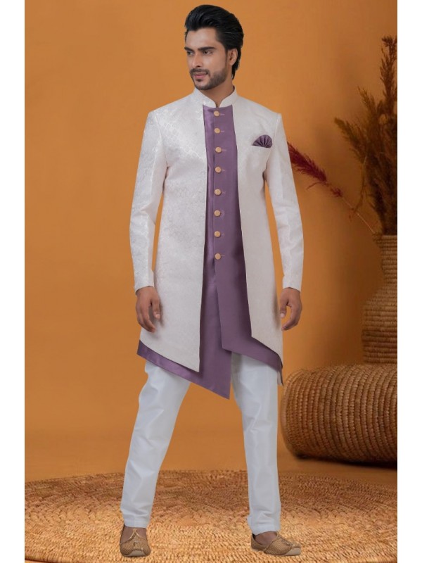 Jacquard IndoWestern Ready Made Dress in Baby Pink Color with Jacquard Work 