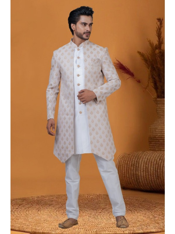 Jacquard IndoWestern Ready Made Dress in Cream Color with Jacquard Work 