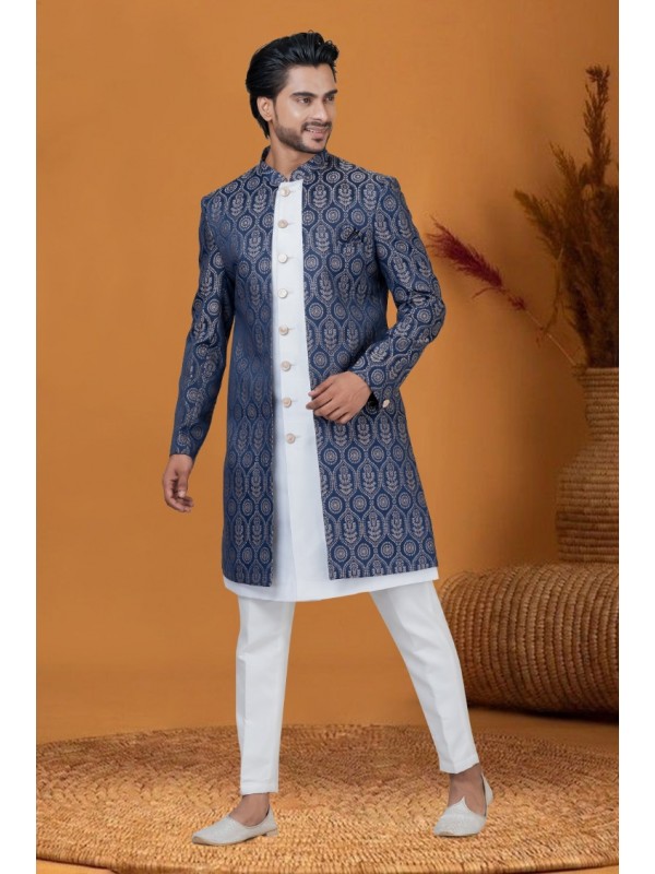 Jacquard IndoWestern Ready Made Dress in Blue Color with Jacquard Work 