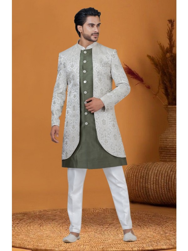 Jacquard IndoWestern Ready Made Dress in Mehendi Green Color with Jacquard Work 
