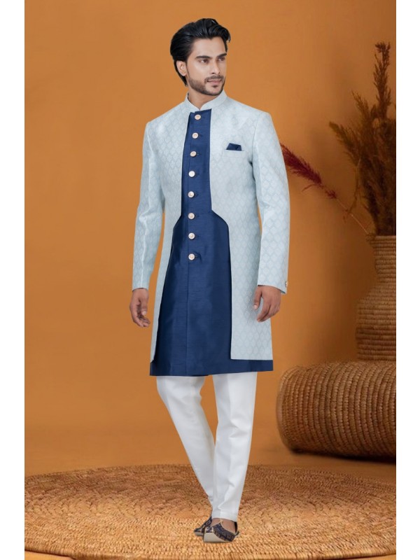 Jacquard IndoWestern Ready Made Dress in Sky Color with Jacquard Work 