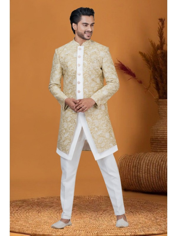 Jacquard IndoWestern Ready Made Dress in Light Golden Color with Jacquard Work 