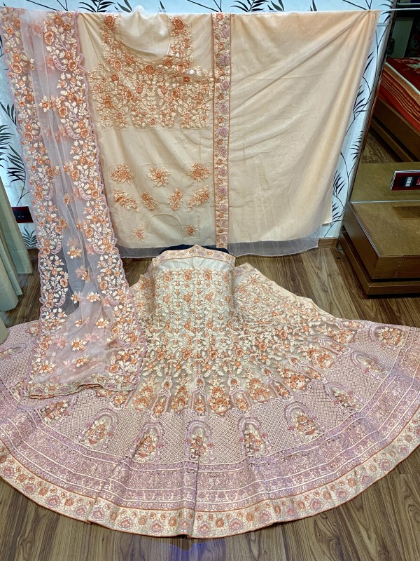 Soft Premium Net Party Wear Lehenga In Peach WIth Embroidery & Pearl Work 