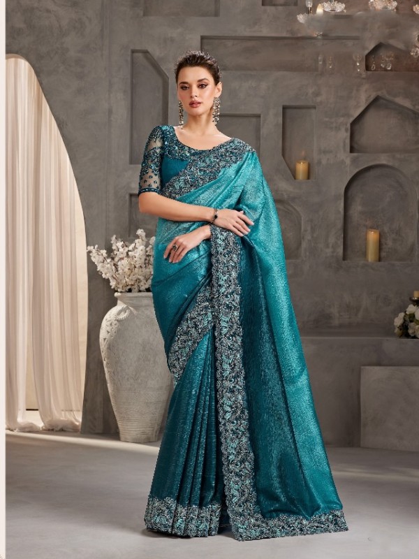 Soft Crush Silk Saree In Teal Color With Embroidery Work