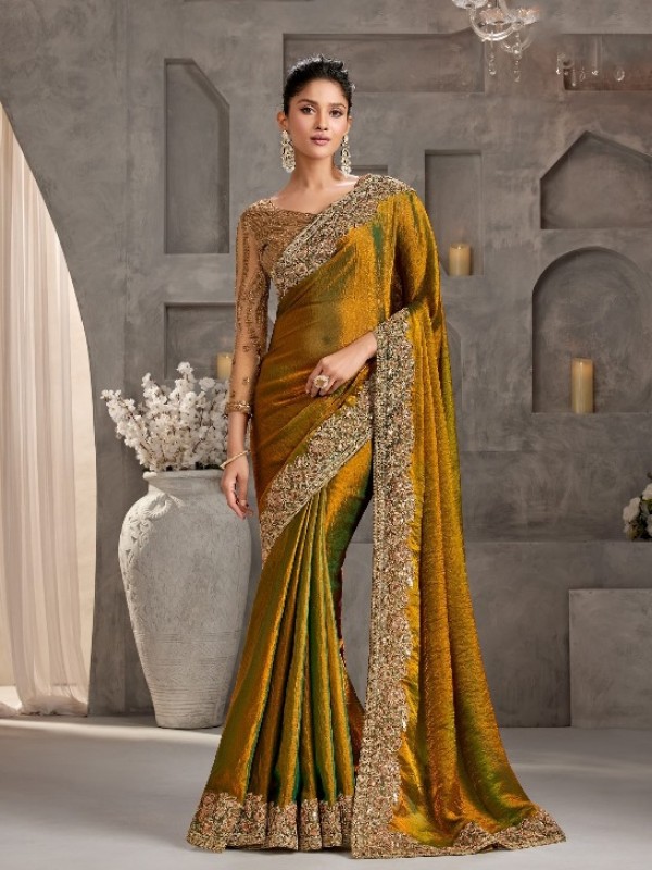 Soft Crush Silk Saree In Mustard Color With Embroidery Work