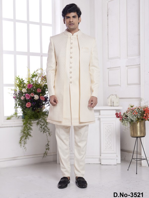 Imported Jaquard Silk Readymade Indowestern in Cream Color 