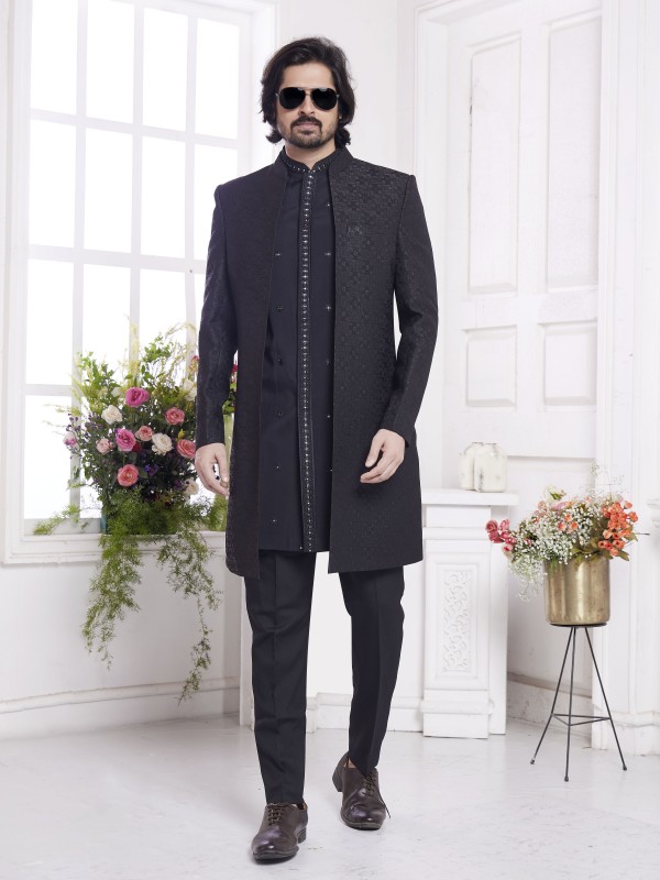 Imported Jaquard Silk Readymade Indowestern in Black Color 