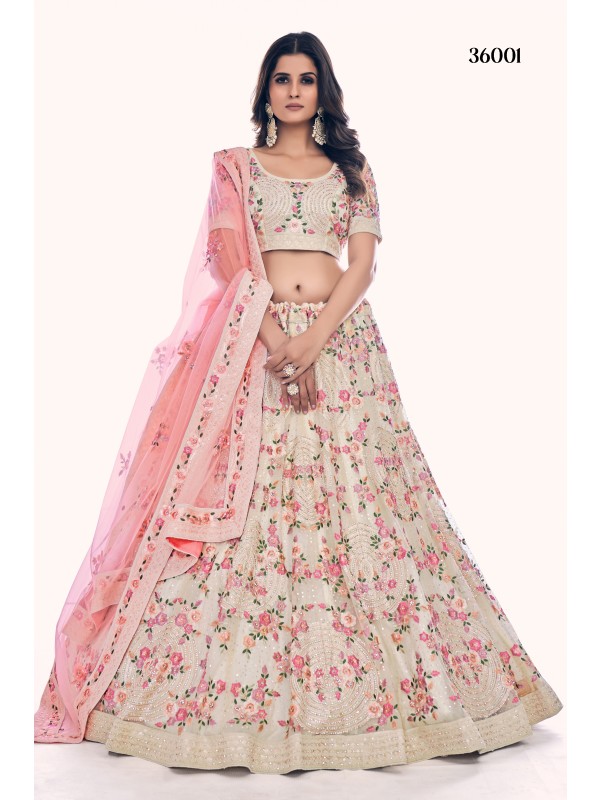 Soft Premium Net  Party Wear Lehenga In White Color  With Embroidery Work