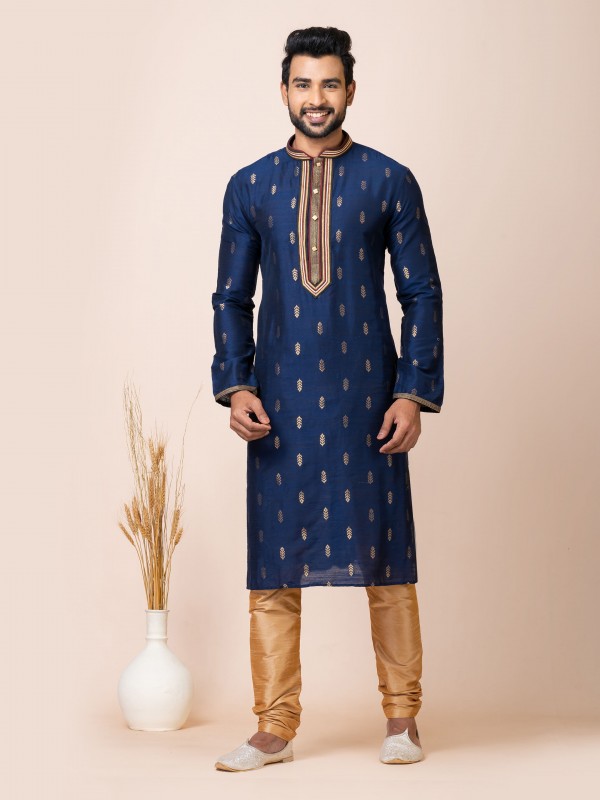 Cotton Jacquard Silk Readymade Kurta in Royal Blue Color 
