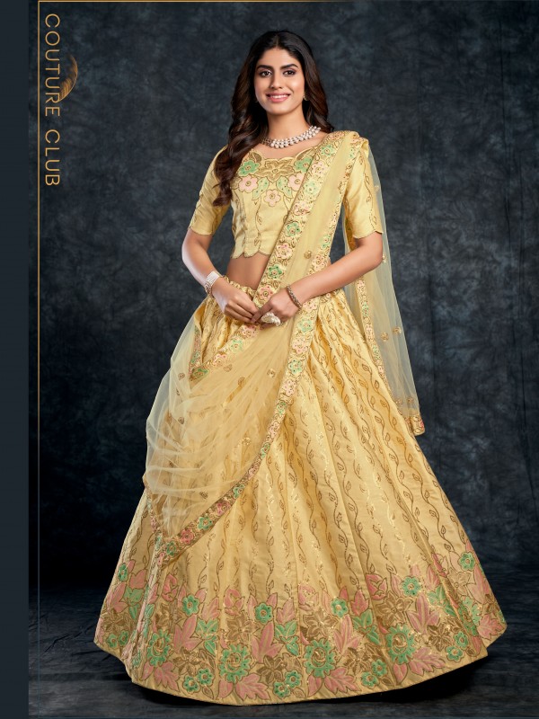 Italian Silk  Fabrics Party Wear  Lehenga in Cream Color With Embroidery Work