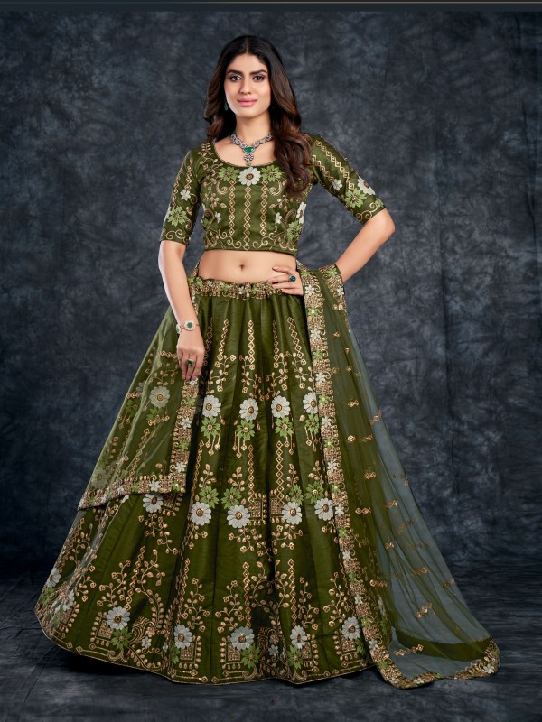 Italian Silk  Fabrics Party Wear  Lehenga in Green Color With Embroidery Work