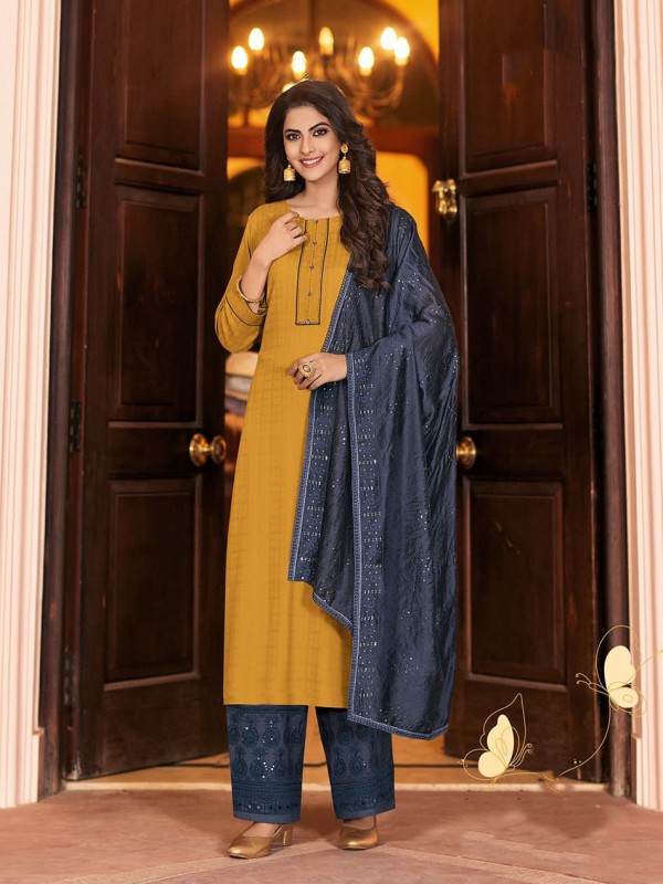 Pure Rayon Fabric Party Wear Suit In Yellow Color With Embroidery Work 