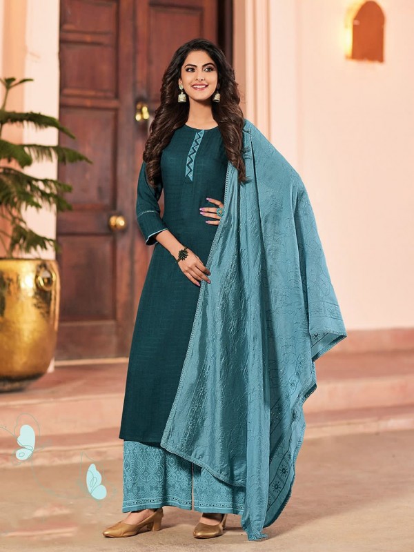 Pure Rayon Fabric Party Wear Suit In Teal Blue Color With Embroidery Work 