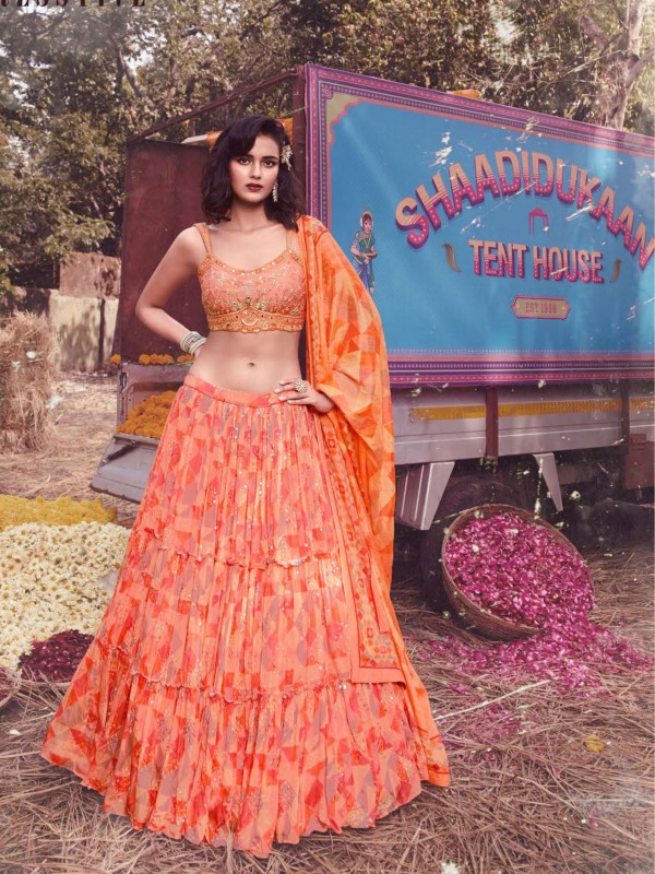 Chinon Fabrics Party Wear Lehenga in Peach Color With Embroidery Work 