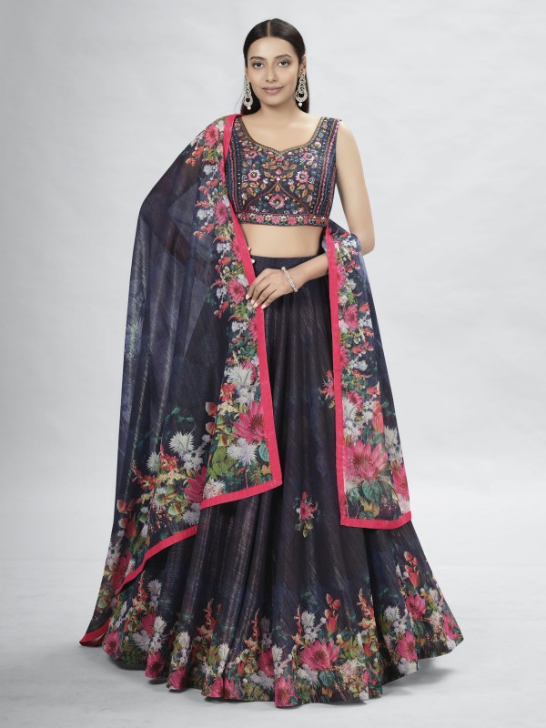 Art Silk  Party  Wear Lehenga In Black Color With Embroidery Work 