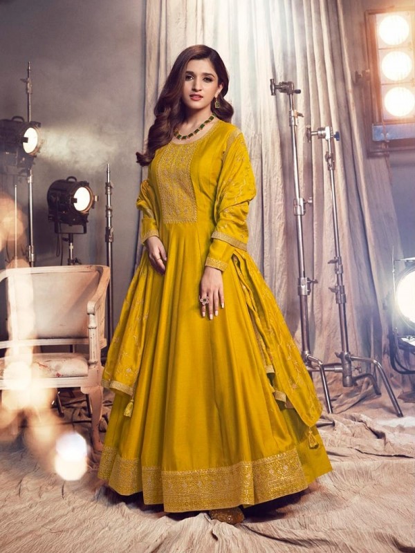 Georgette Silk Party Wear Gown Yellow Color with Embroidery Work