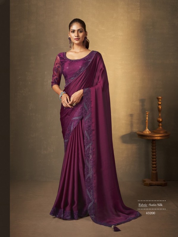 Silk Sateen Saree In Purple Color With Embroidery Work