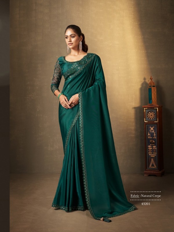 Silk Crape  Saree In Teal Green Color With Embroidery Work