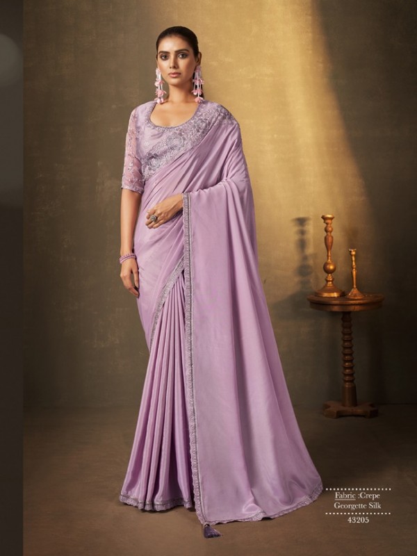 Silk Crape  Saree In Purple Color With Embroidery Work