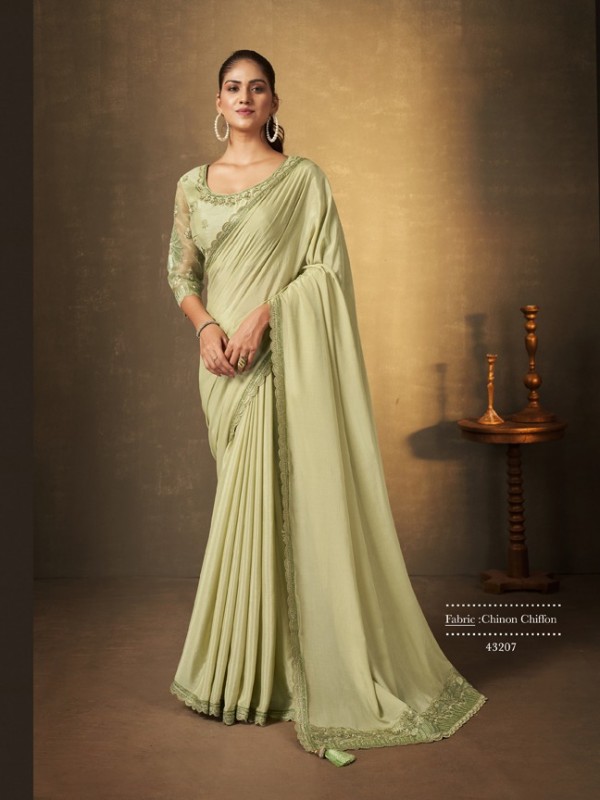 Chinon Chiffon  Saree In Green Color With Embroidery Work
