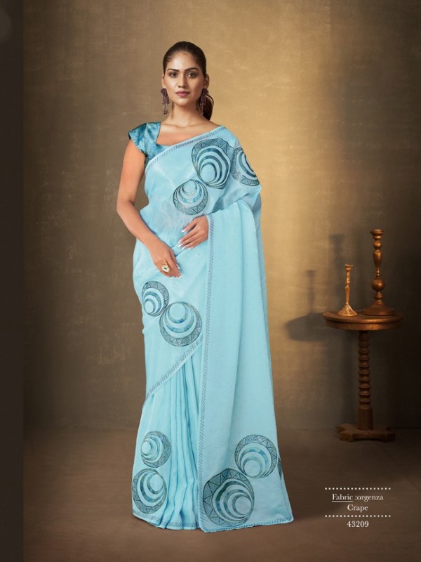 Silk Crape  Saree In Blue Color With Embroidery Work