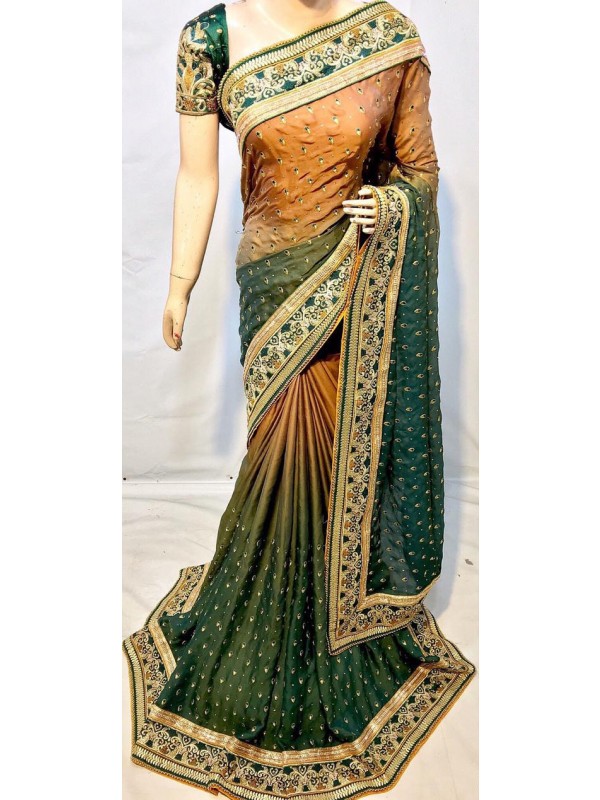 Pure Sateen Silk Bridal Wear Saree In Green WIth Embroidery Work & Crystal Stone work   