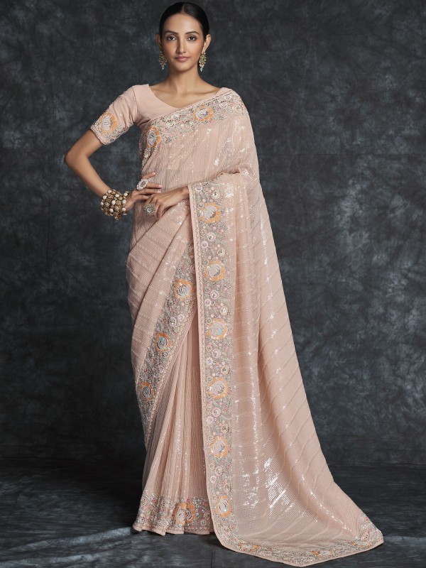 Soft Georgette  Saree In Peach Color With Embroidery Work
