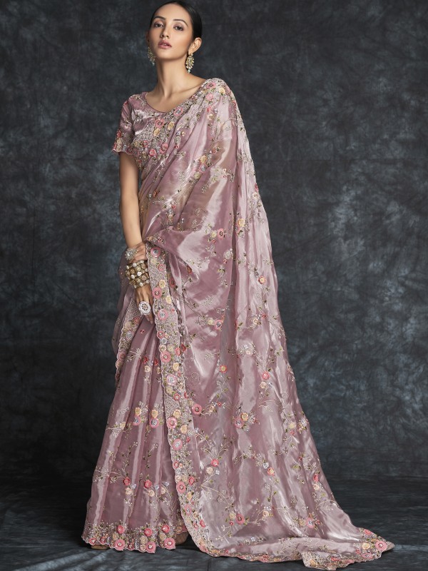 Organza Saree In Lilac Color With Embroidery Work
