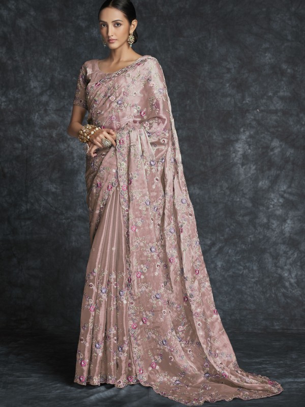 Organza Saree In Light Pink Color With Embroidery Work