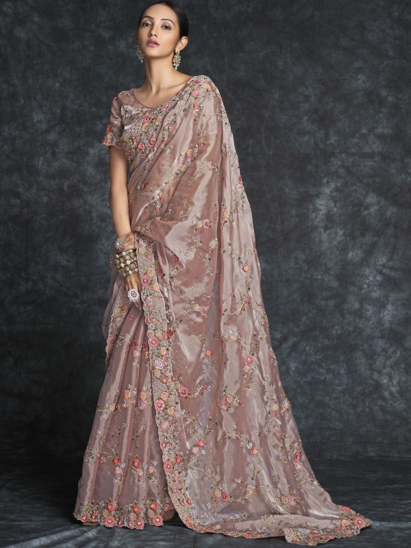 Organza Saree In Tan Color With Embroidery Work