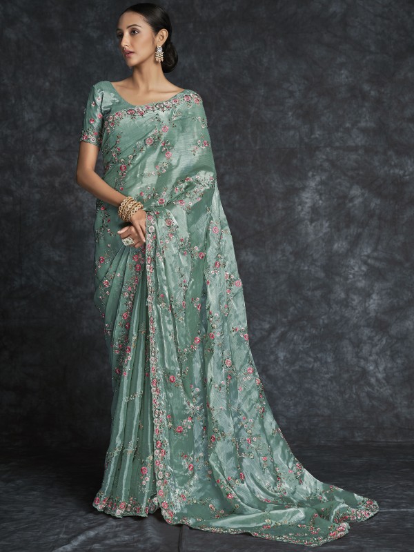 Organza Saree In Sea Blue Color With Embroidery Work