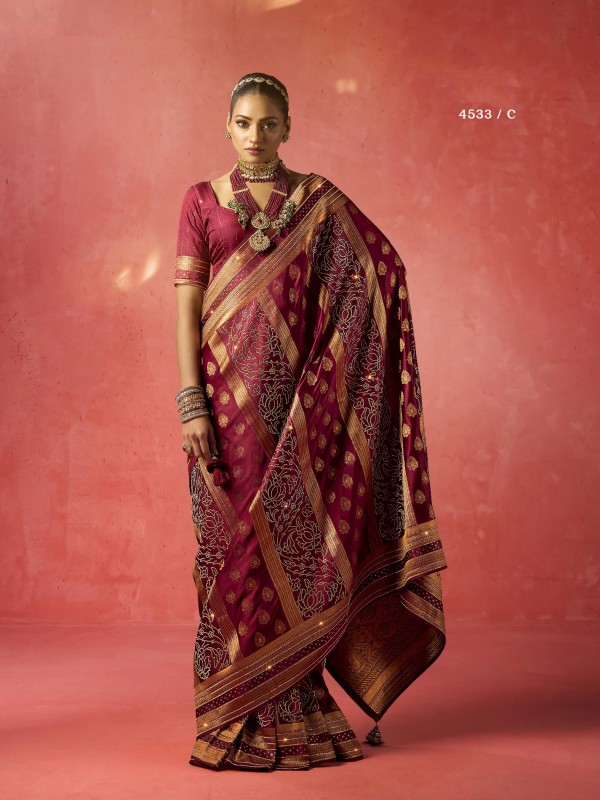 Kadwa Kasab Silk Party wear Saree In Maroon Color with Swaroskvi Work 