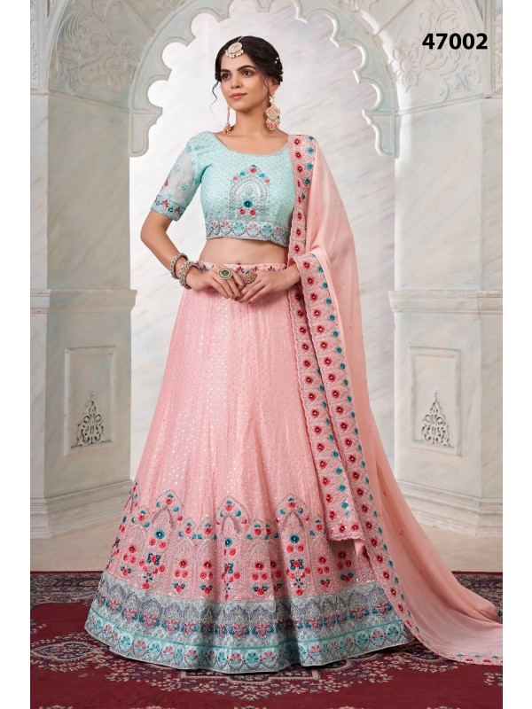 Georgette Wedding Wear Lehenga In Peach Color With Embroidery Work 