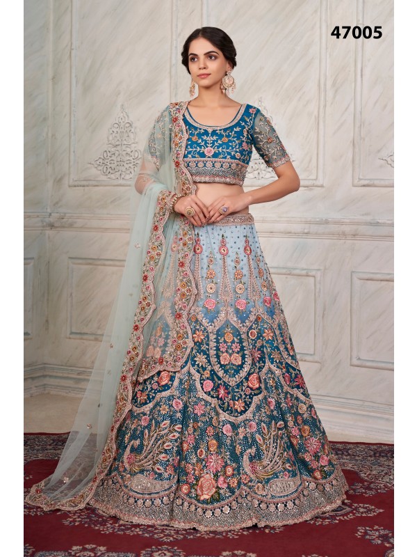 Soft Premium Net  Wedding Wear Lehenga In Blue Color With Embroidery Work 